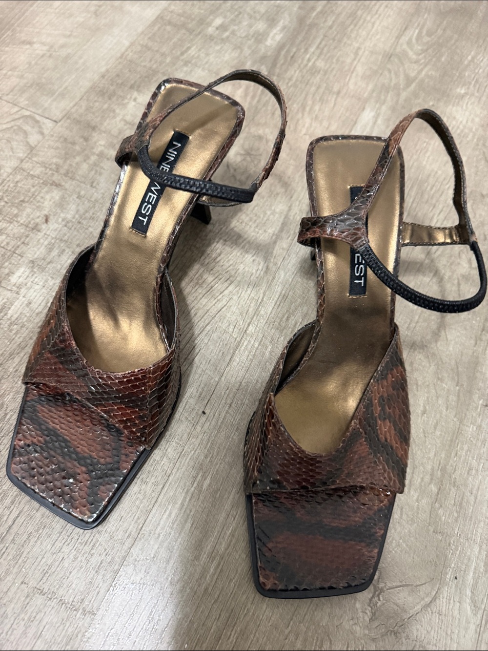 Nine West Brown Snakeskin-Effect Square-Toe Slingback Heels